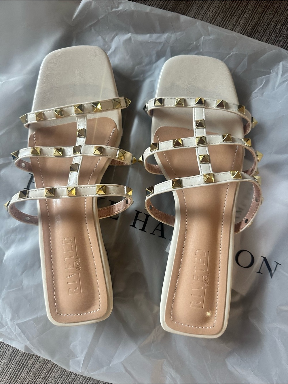Riveted White Studded Strappy Slide Sandals
